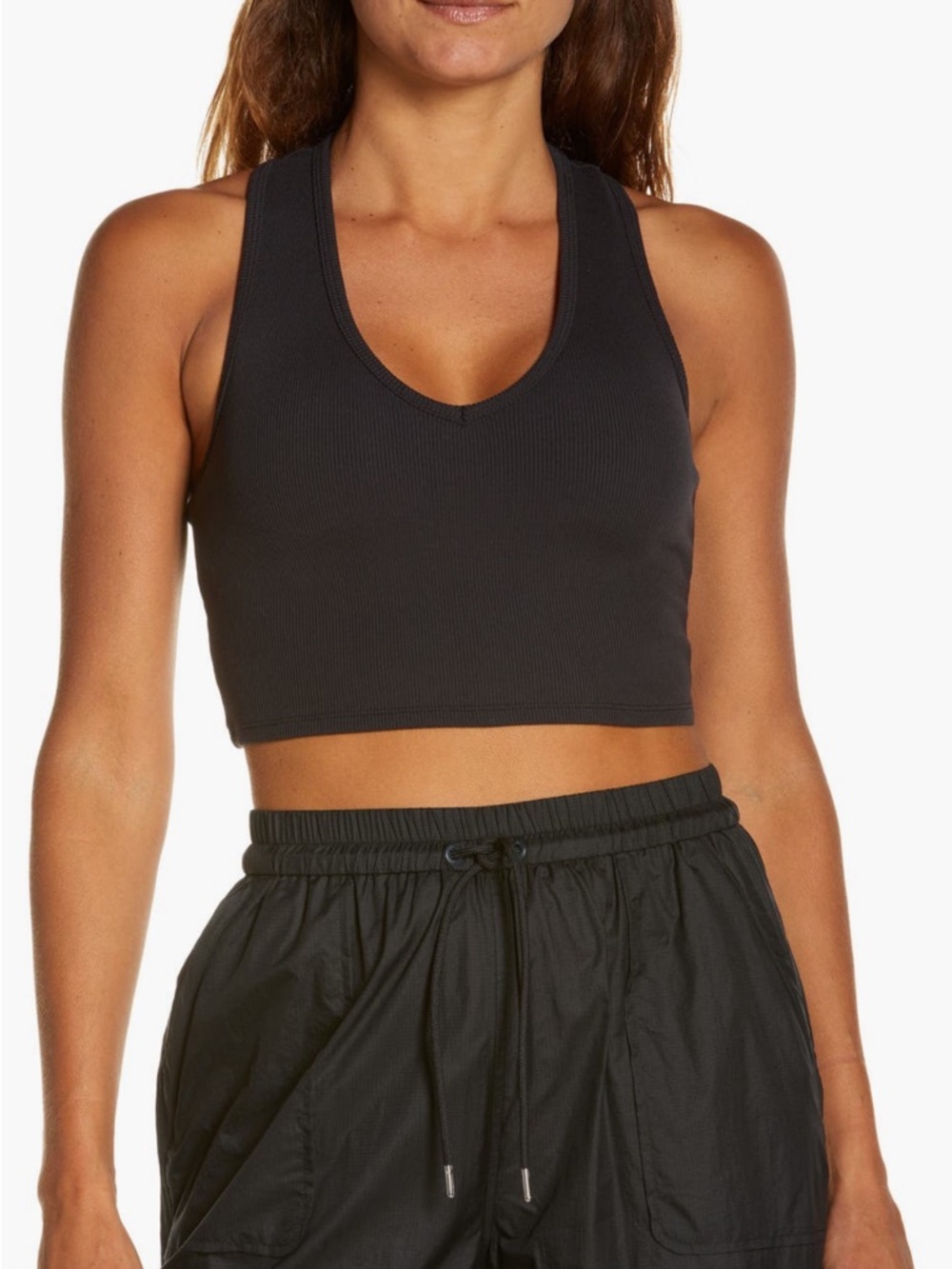 ALO Yoga Black Ribbed V-Neck Crop Tank Top
